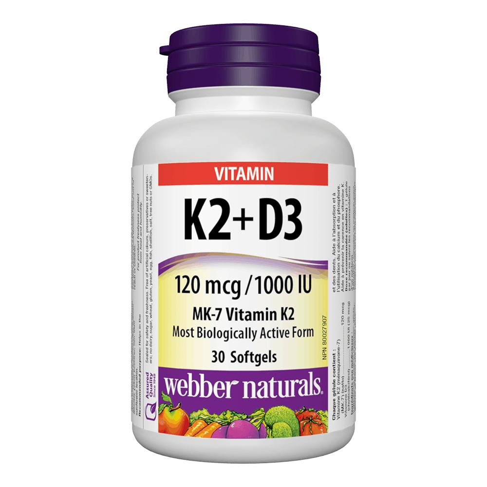 Webber Naturals - Vitamin K2+D3 120mcg/1000 IU - Unflavored - 30 Softgels