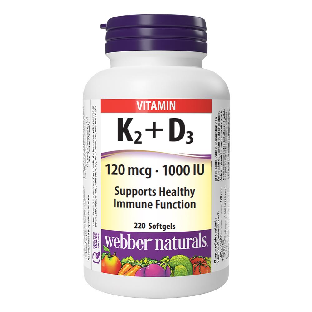 Webber Naturals - Vitamin K2+D3 - 120 mcg/ 1000 IU/UI - Unflavored - 220 Softgels