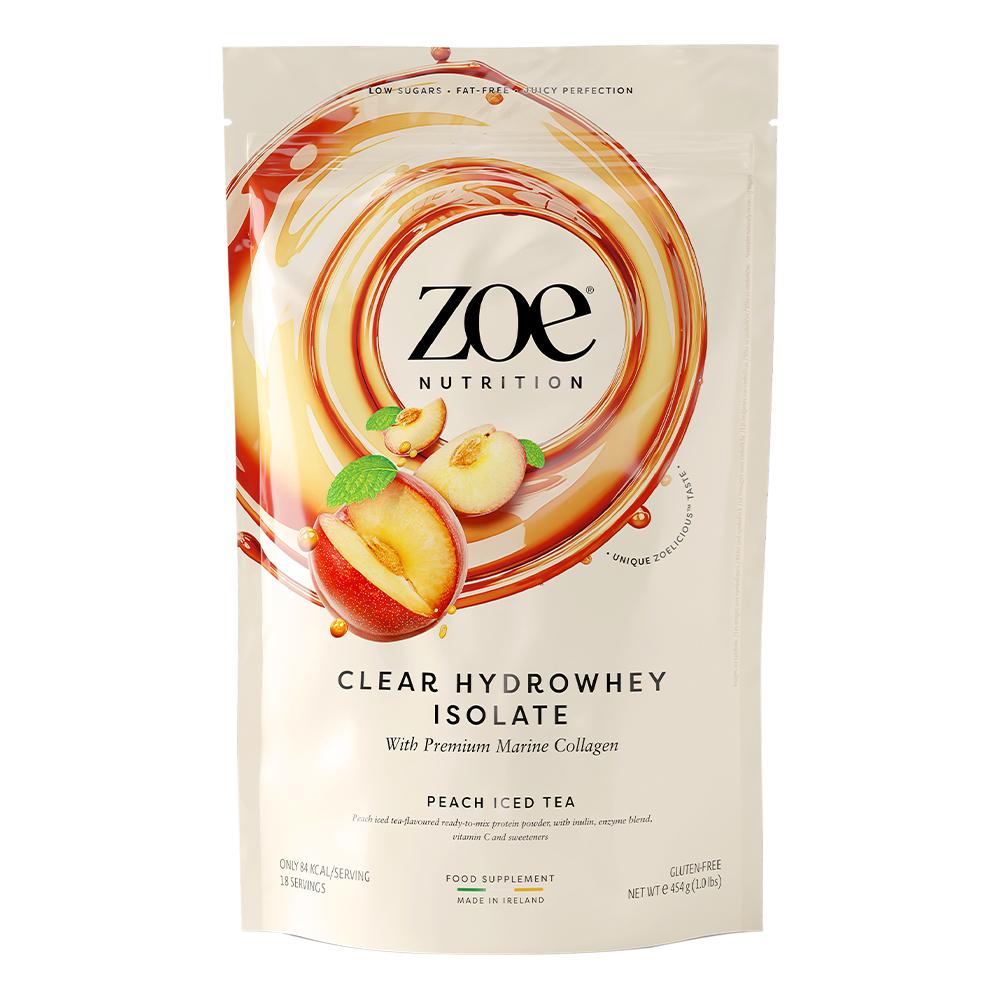 Zoe Nutrition - Clear Hydrowhey Isolate - شاي مثلج بالخوخ - 18 حصة غذائية